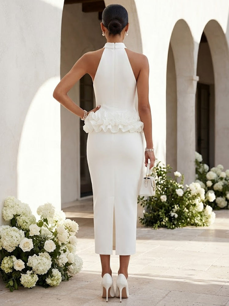 Satin Mermaid Halter Long Evening Dresses with Ruffles