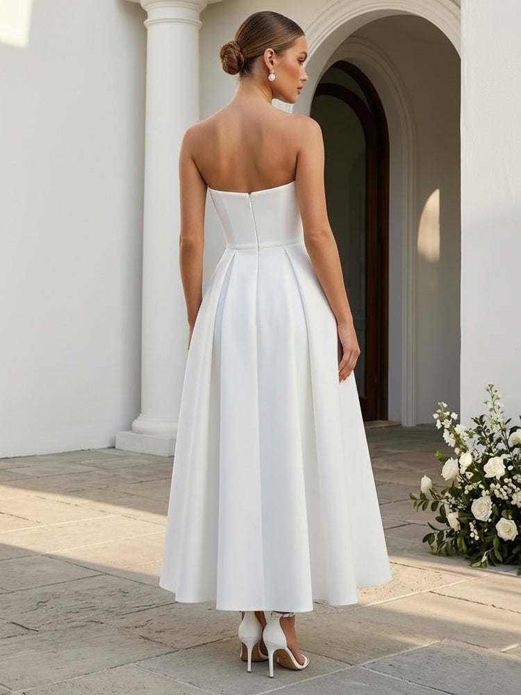Satin Mermaid Strapless Long Evening Dresses with Pleated