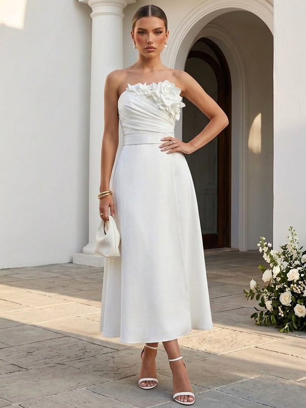 Satin A-Line Strapless Long Evening Dresses with Pleated