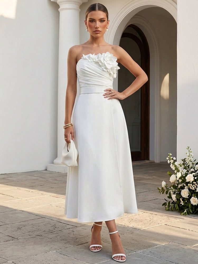Satin A-Line Strapless Long Evening Dresses with Pleated