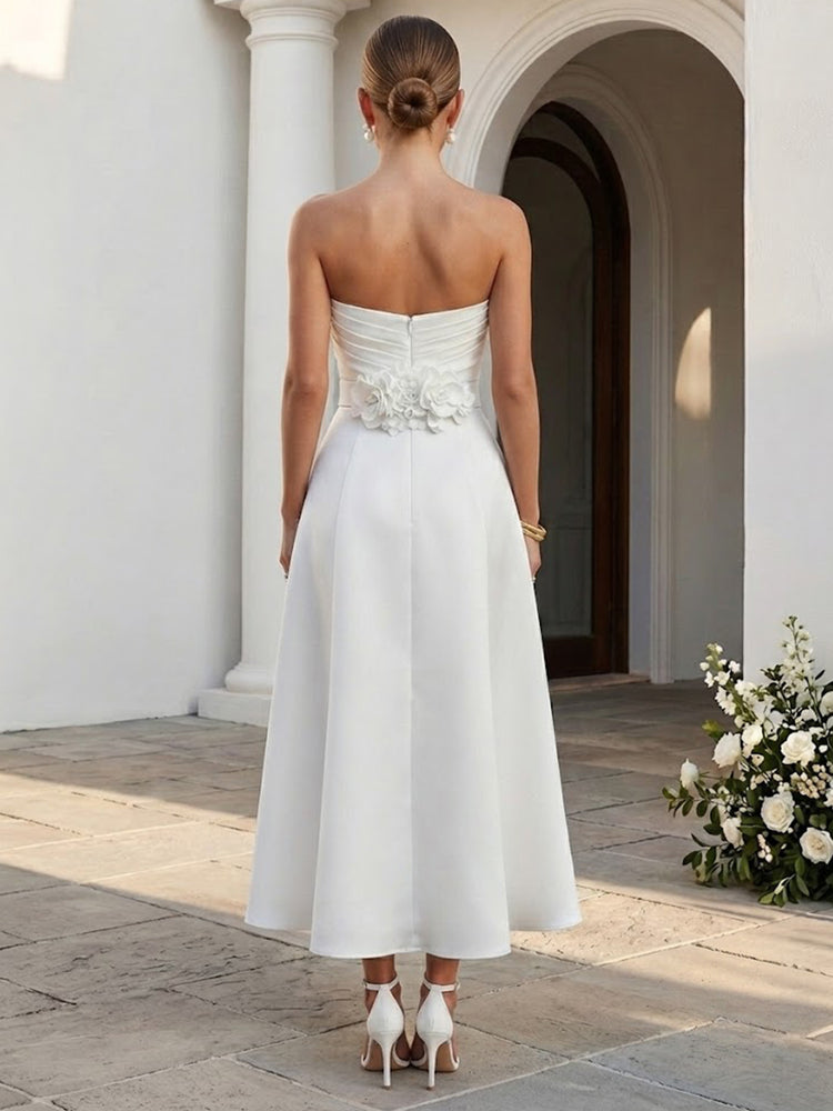 Satin A-Line Strapless Long Evening Dresses with Pleated