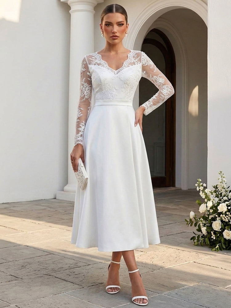 Satin A-Line V Neck Long Evening Dresses with Lace Applique