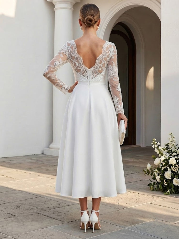 Satin A-Line V Neck Long Evening Dresses with Lace Applique