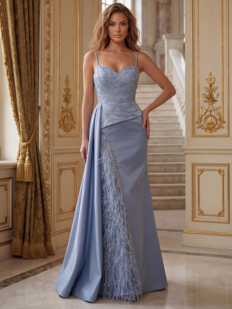 Satin Mermaid Spaghetti Straps Long Evening Dresses with Feather
