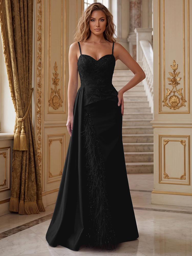Satin Mermaid Spaghetti Straps Long Evening Dresses with Feather