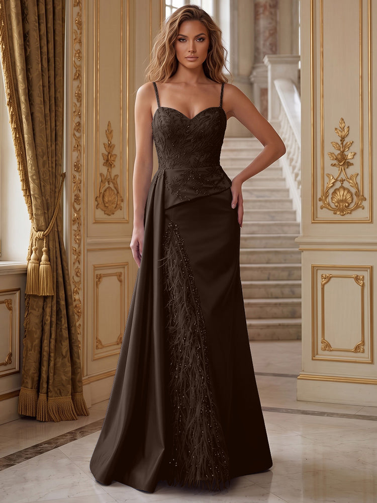 Satin Mermaid Spaghetti Straps Long Evening Dresses with Feather