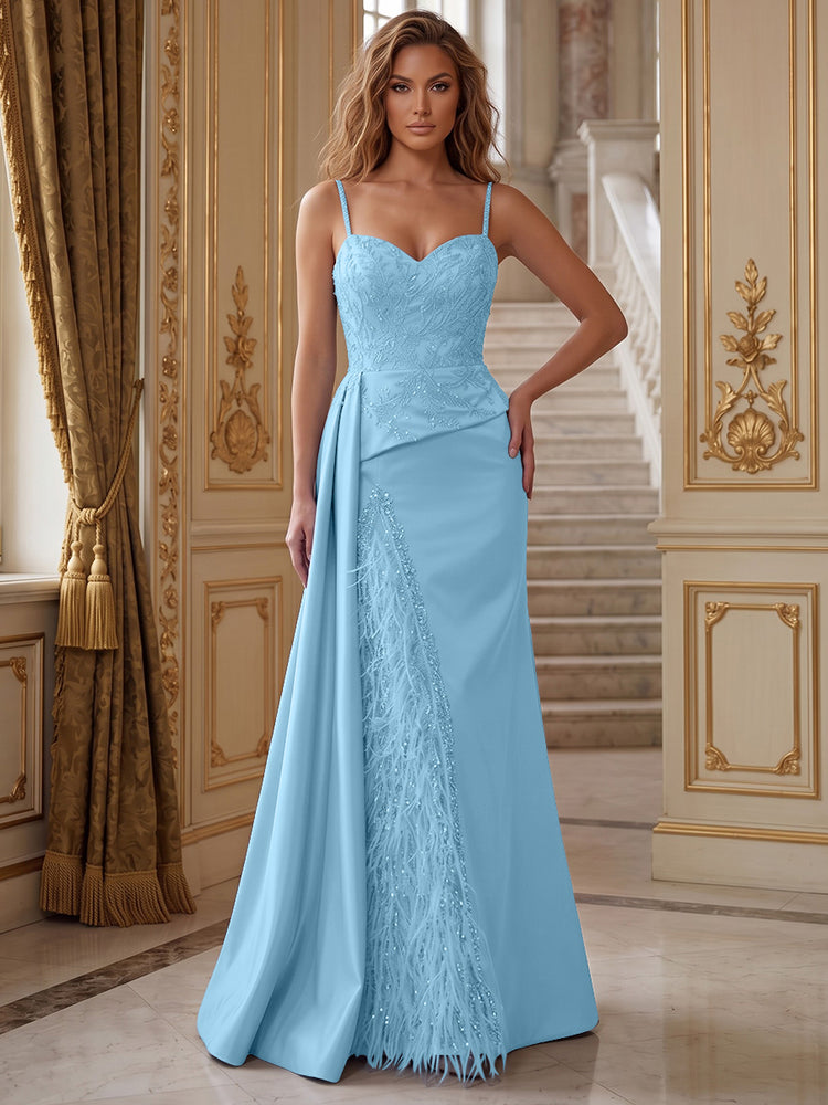 Satin Mermaid Spaghetti Straps Long Evening Dresses with Feather