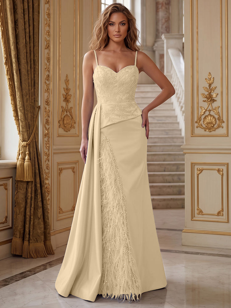Satin Mermaid Spaghetti Straps Long Evening Dresses with Feather