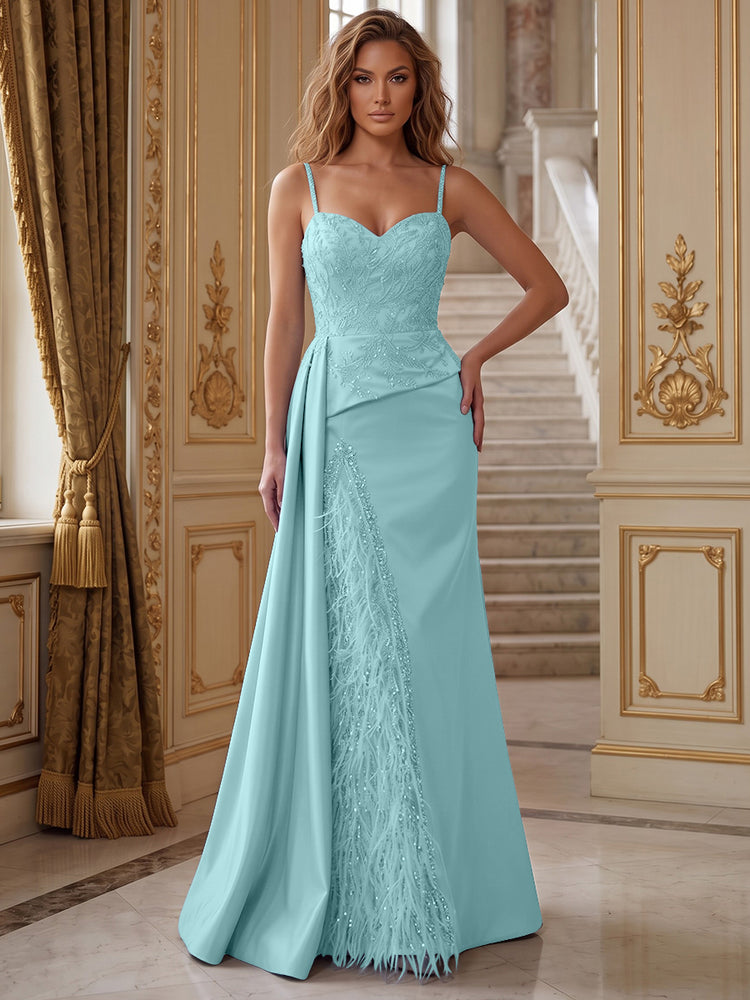 Satin Mermaid Spaghetti Straps Long Evening Dresses with Feather