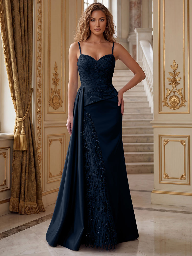 Satin Mermaid Spaghetti Straps Long Evening Dresses with Feather