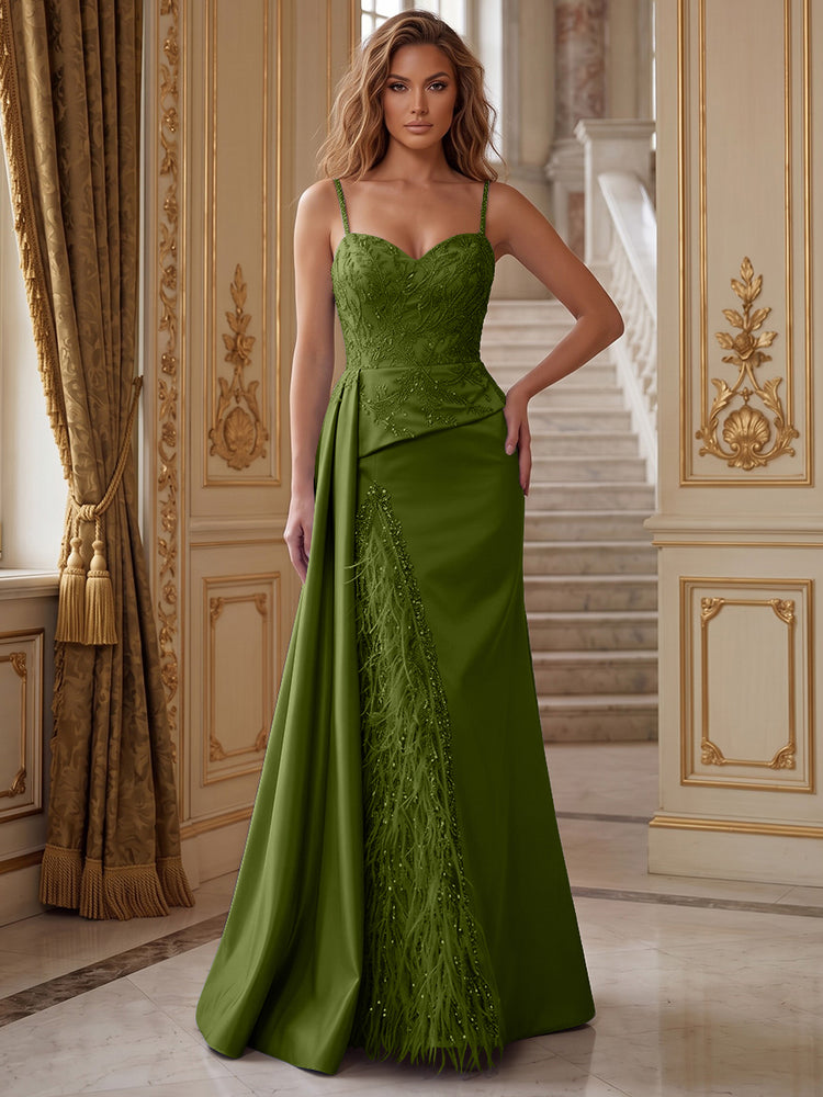 Satin Mermaid Spaghetti Straps Long Evening Dresses with Feather
