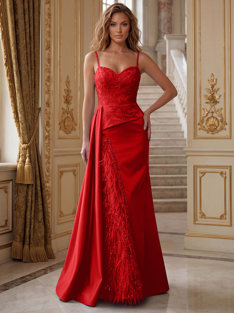 Satin Mermaid Spaghetti Straps Long Evening Dresses with Feather