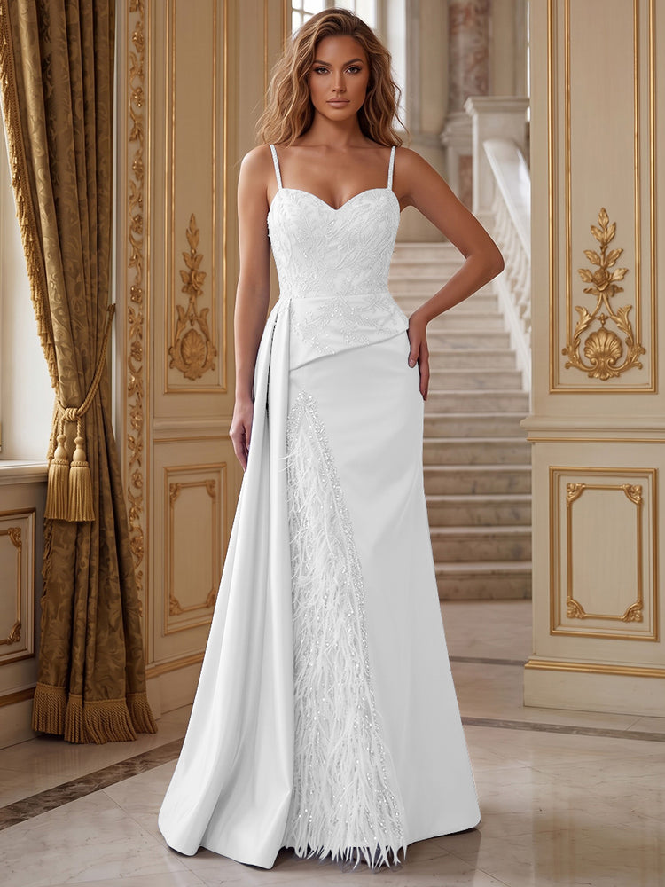 Satin Mermaid Spaghetti Straps Long Evening Dresses with Feather