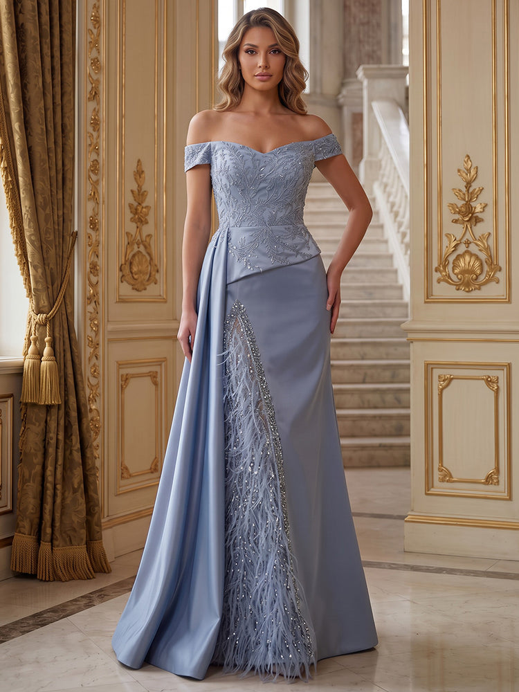 Satin Mermaid Off the Shoulder Long Evening Dresses with Feather