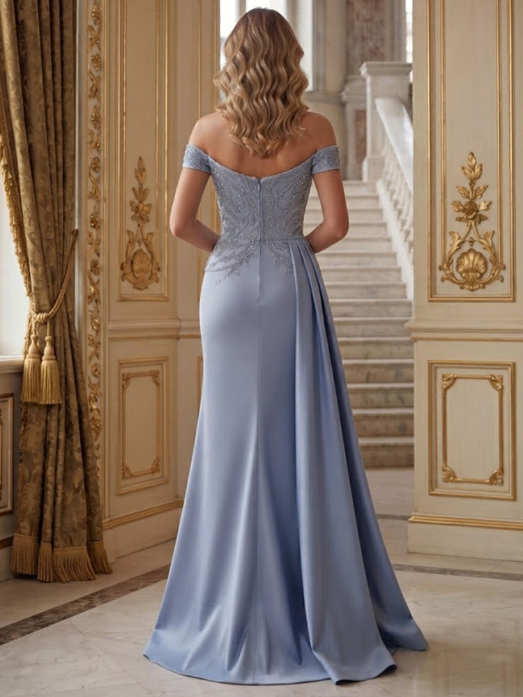 Satin Mermaid Off the Shoulder Long Evening Dresses with Feather