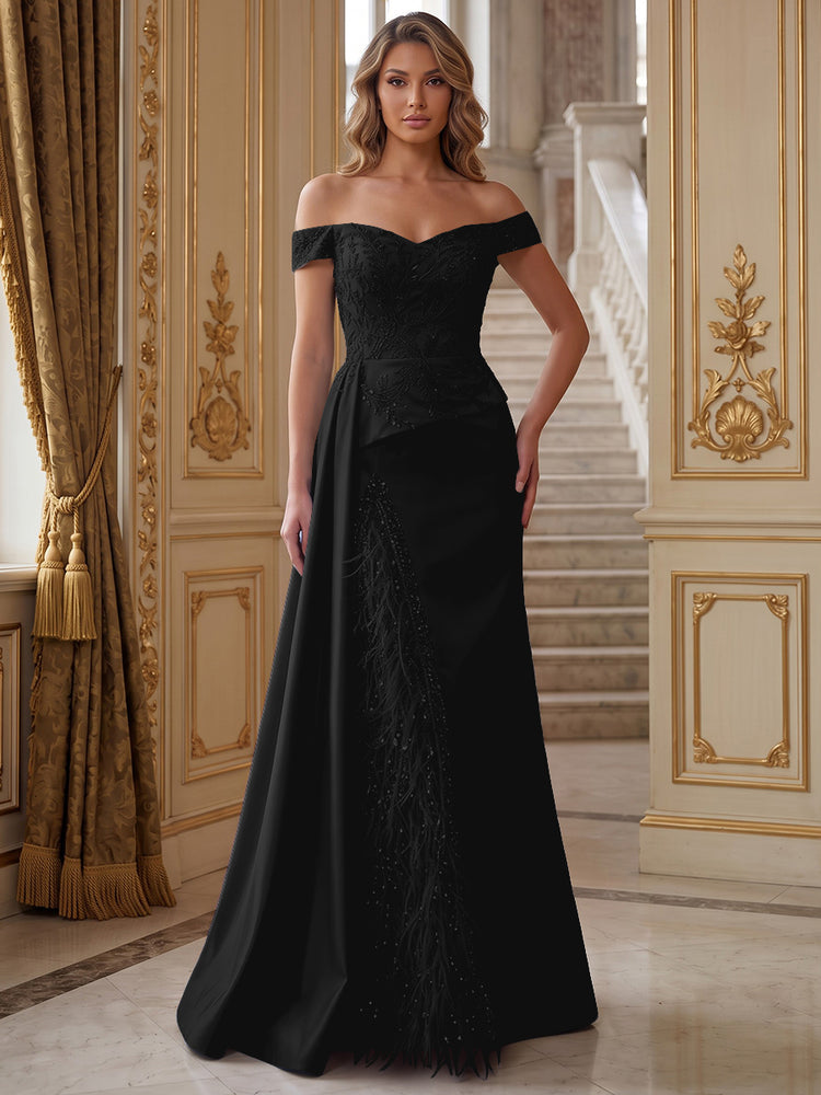 Satin Mermaid Off the Shoulder Long Evening Dresses with Feather