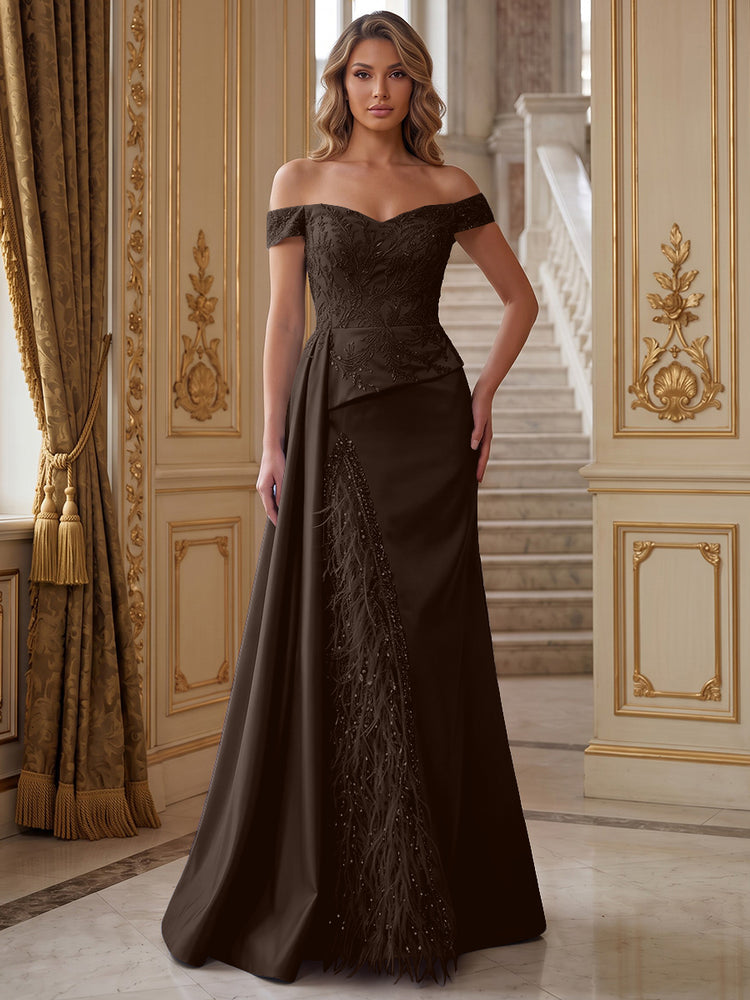 Satin Mermaid Off the Shoulder Long Evening Dresses with Feather