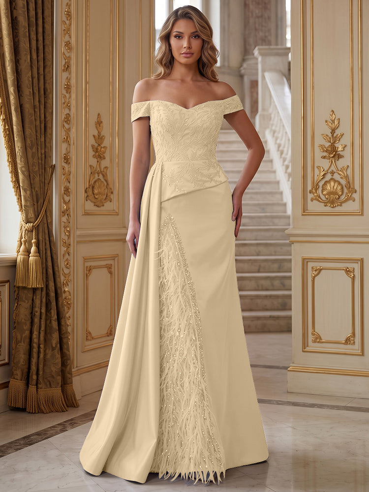 Satin Mermaid Off the Shoulder Long Evening Dresses with Feather