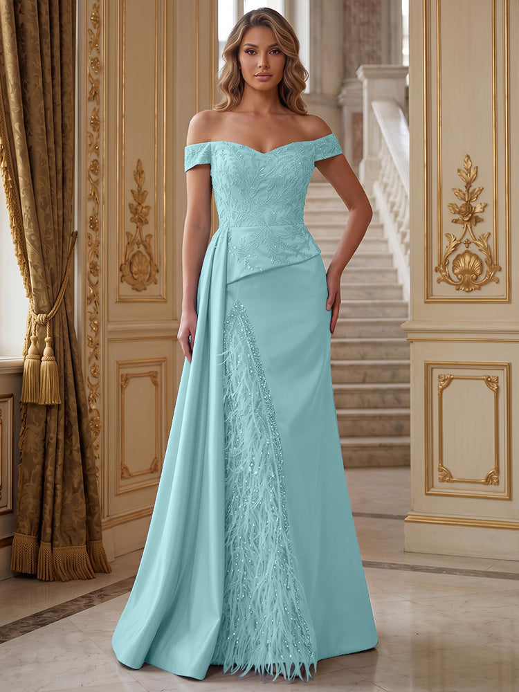 Satin Mermaid Off the Shoulder Long Evening Dresses with Feather