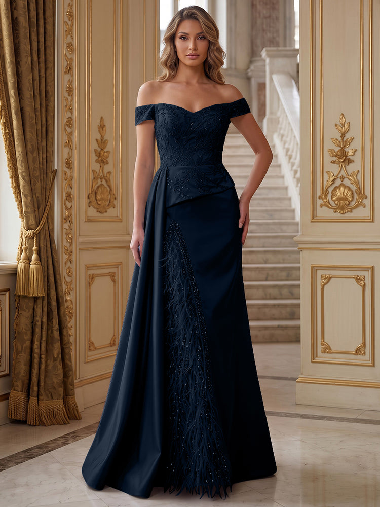 Satin Mermaid Off the Shoulder Long Evening Dresses with Feather