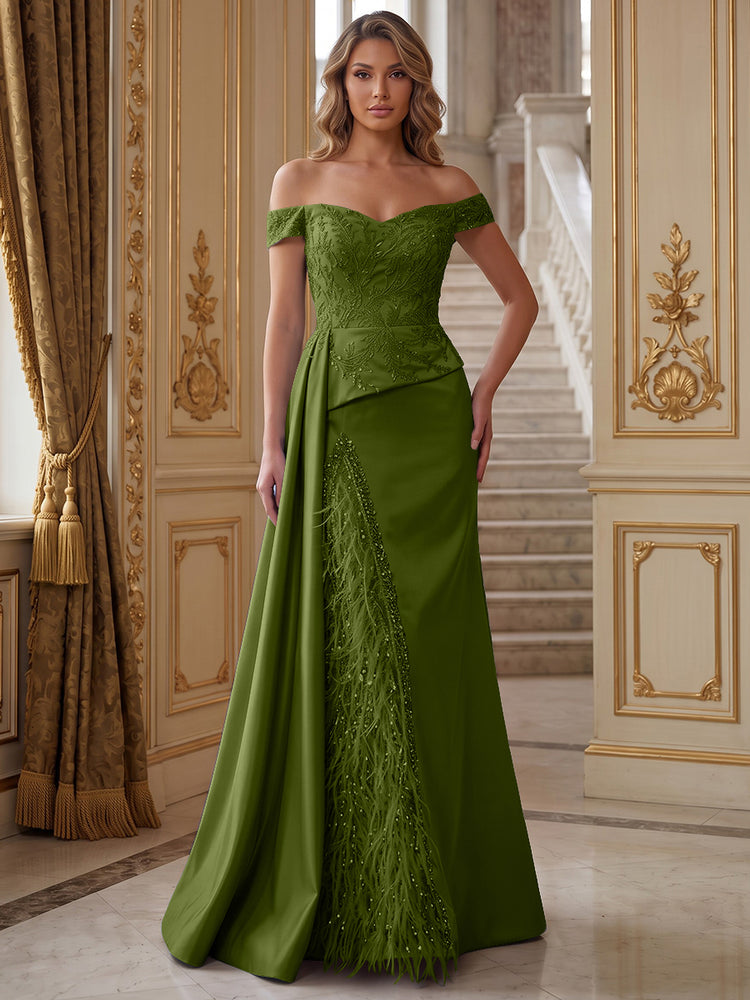 Satin Mermaid Off the Shoulder Long Evening Dresses with Feather