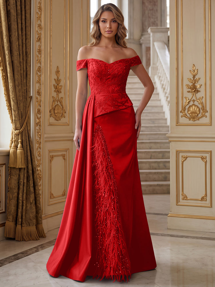 Satin Mermaid Off the Shoulder Long Evening Dresses with Feather