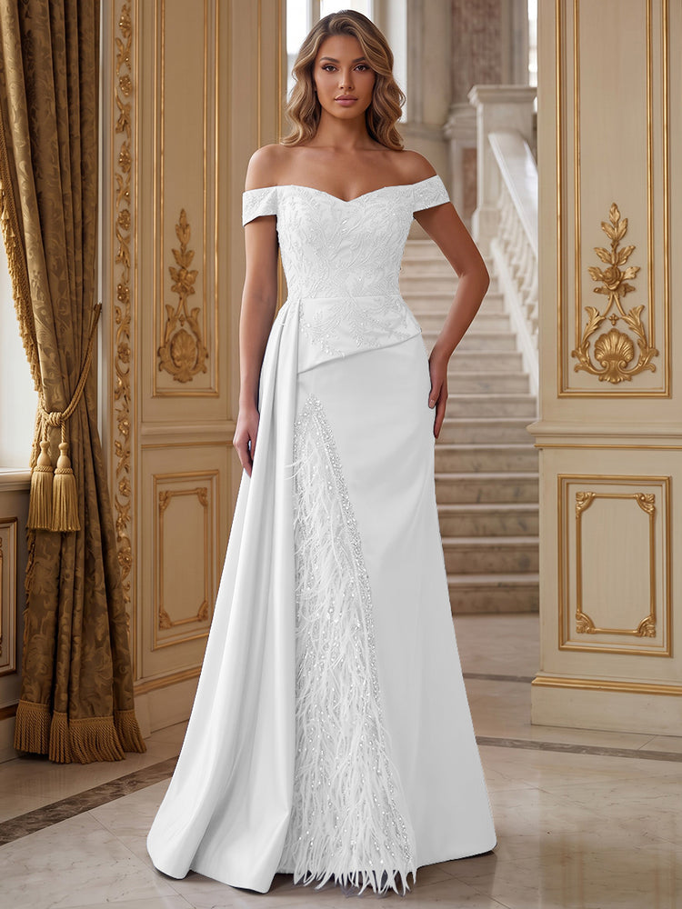 Satin Mermaid Off the Shoulder Long Evening Dresses with Feather