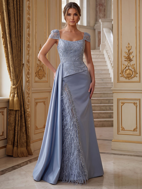 Satin Mermaid Square Neck Long Evening Dresses with Feather