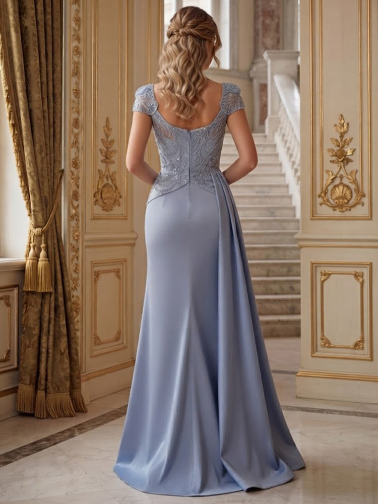 Satin Mermaid Square Neck Long Evening Dresses with Feather