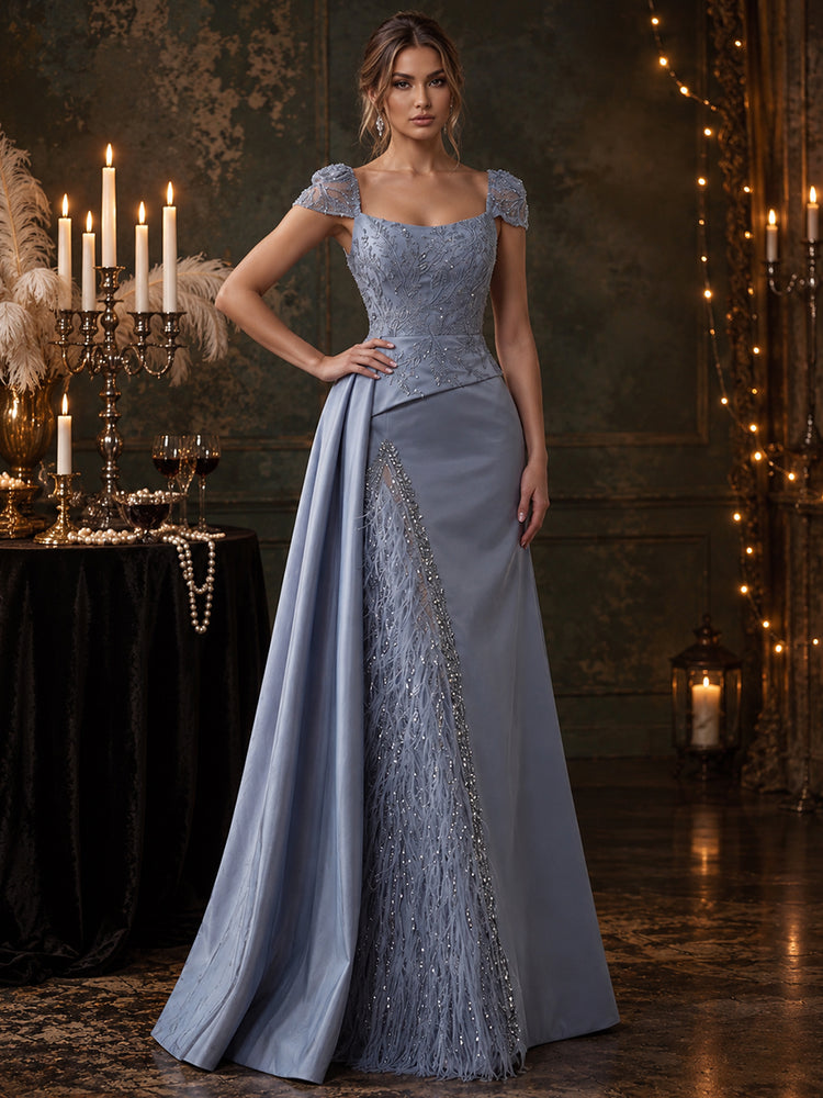 Satin Mermaid Square Neck Long Evening Dresses with Feather