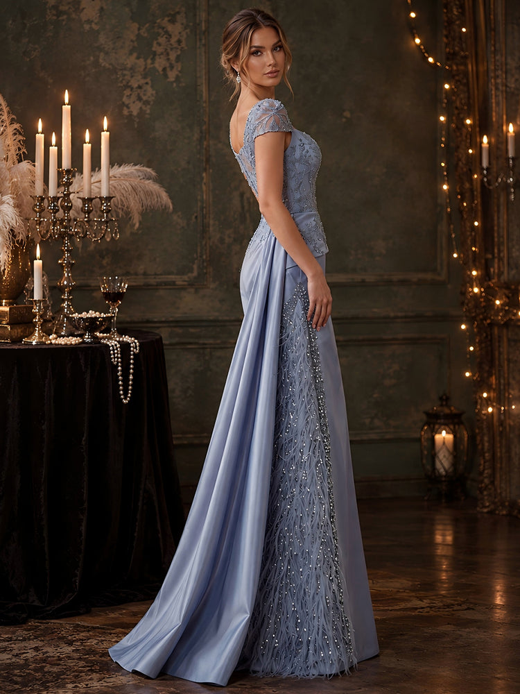 Satin Mermaid Square Neck Long Evening Dresses with Feather
