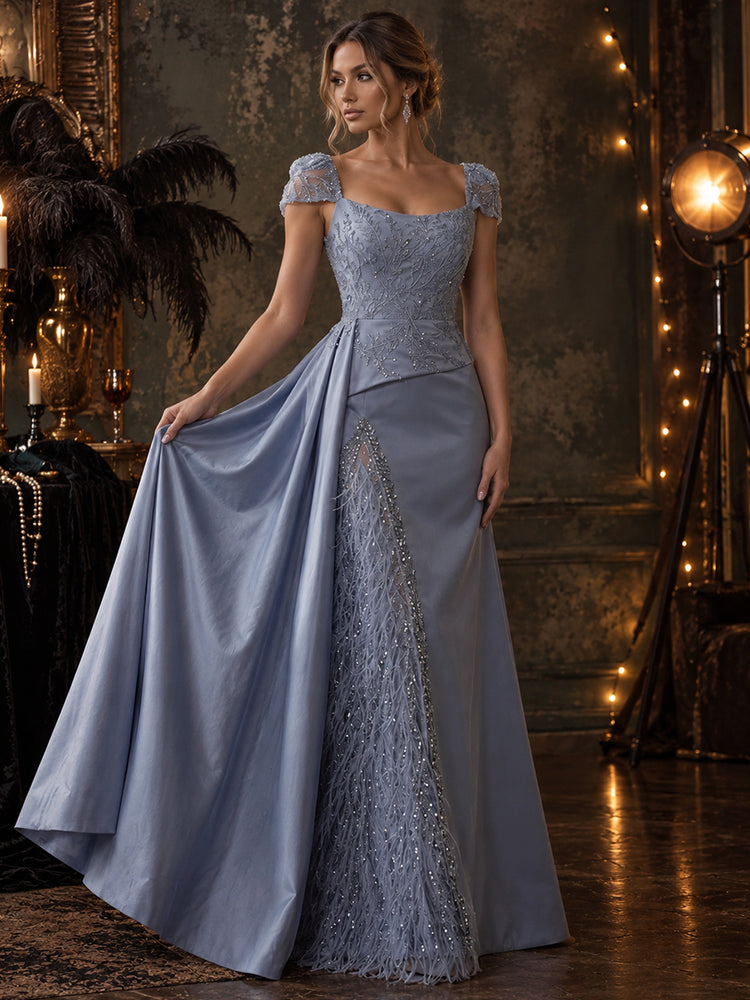 Satin Mermaid Square Neck Long Evening Dresses with Feather