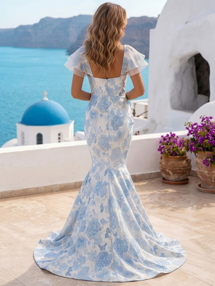 Jacquard Satin Mermaid Sweetheart Long Evening Dresses with Bow