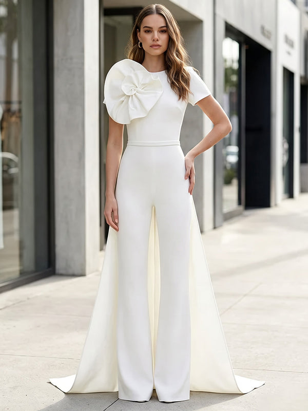 Satin Jumpsuit Boat Neck Long Evening Dresses with 3D Flowers
