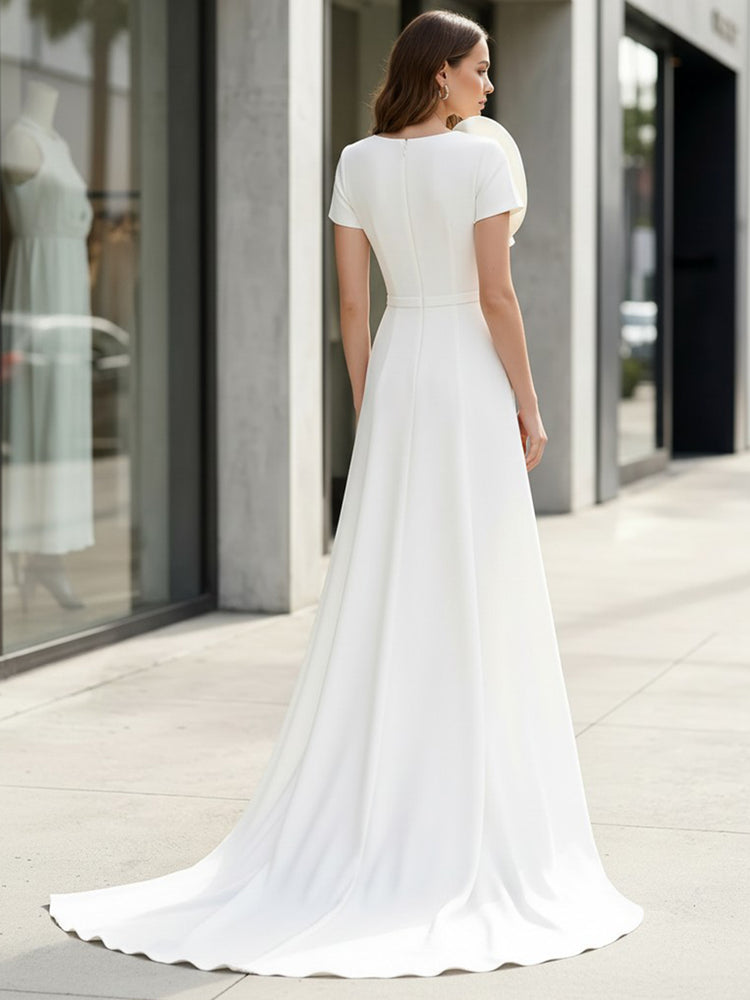 Satin Jumpsuit Boat Neck Long Evening Dresses with 3D Flowers