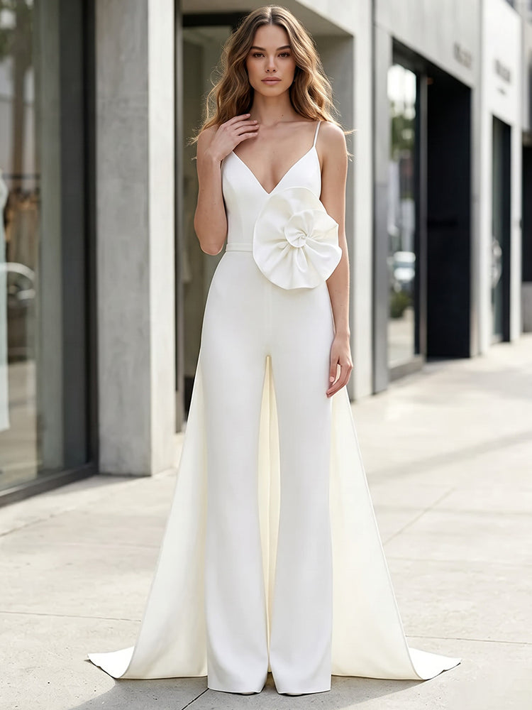 Satin Jumpsuit Spaghetti Straps Long Evening Dresses with 3D Flowers