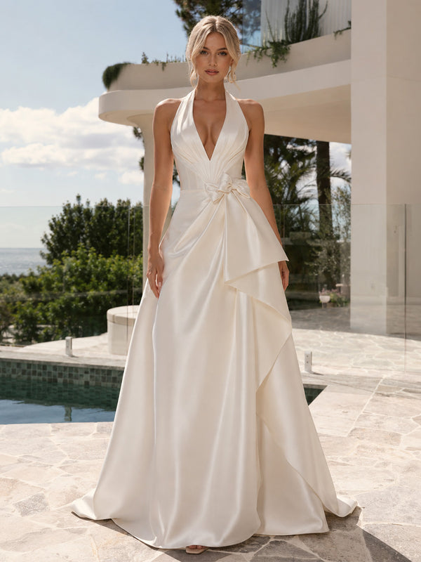 Satin A-Line Halter Long Evening Dresses with Ruffles