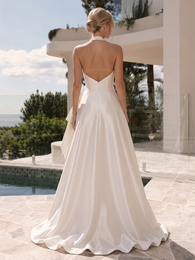 Satin A-Line Halter Long Evening Dresses with Ruffles