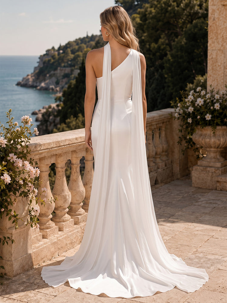 Satin A-Line One Shoulder Long Evening Dresses with Scarf