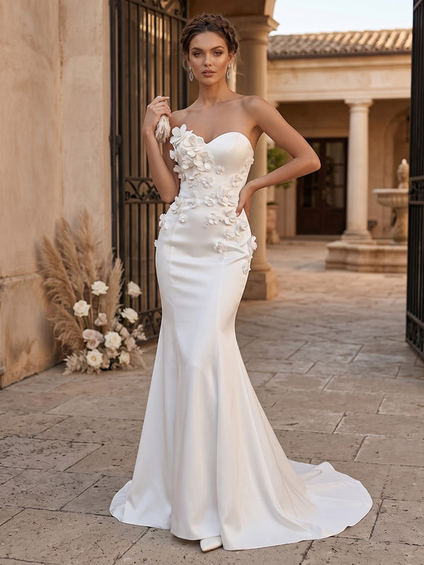 Satin Mermaid Strapless Long Evening Dresses with 3D Flowers