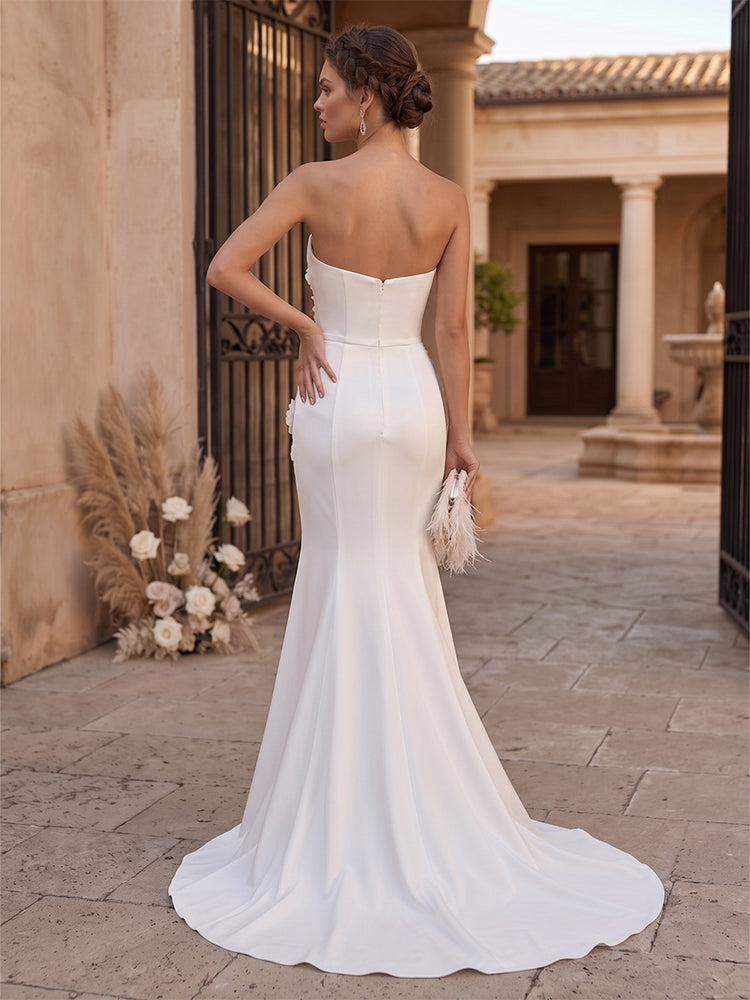 Satin Mermaid Strapless Long Evening Dresses with 3D Flowers