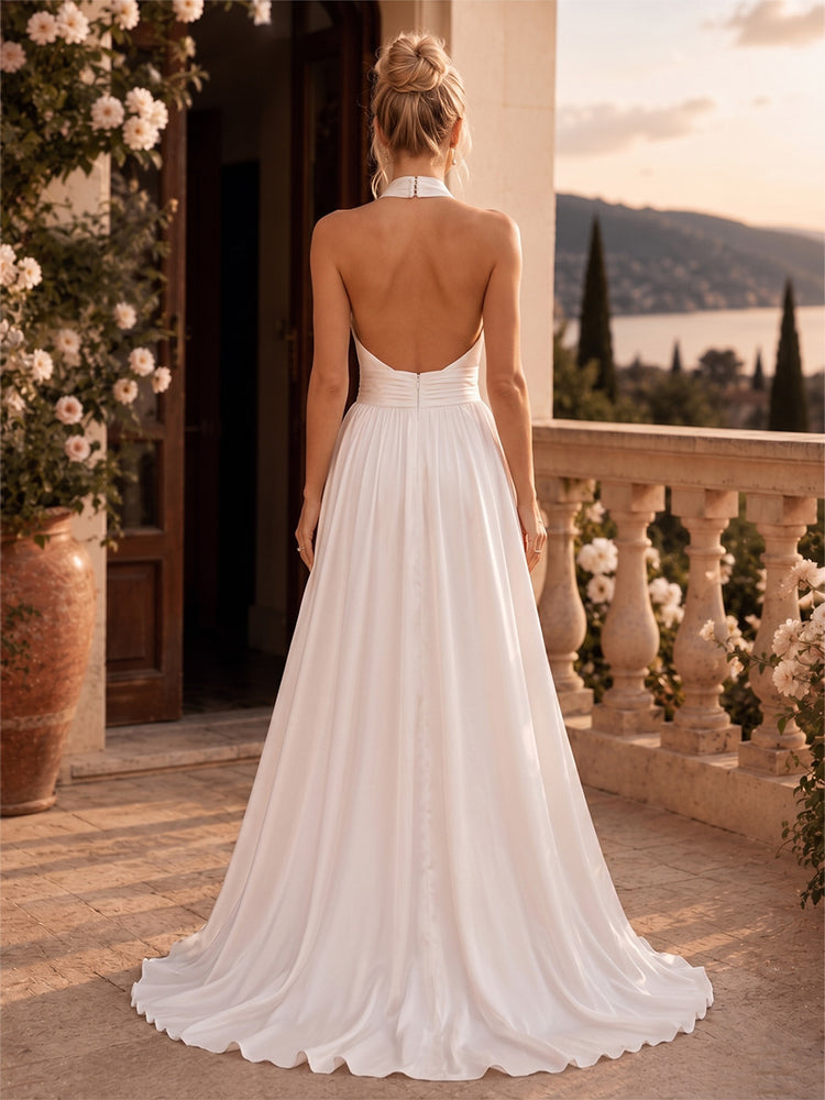 Satin A-Line Halter Long Evening Dresses with Slit