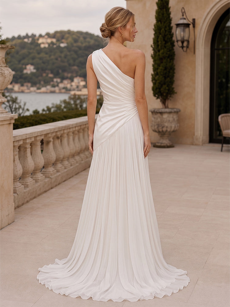Satin Mermaid One Shoulder Long Evening Dresses with Slit