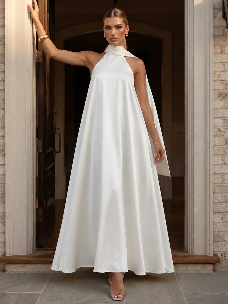Satin A-Line Halter Long Evening Tent/ Trapeze Dresses with Scarf