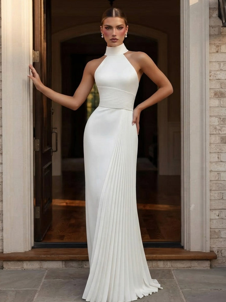 Satin Mermaid Halter Sleeveless Long Evening Dresses with Pleated