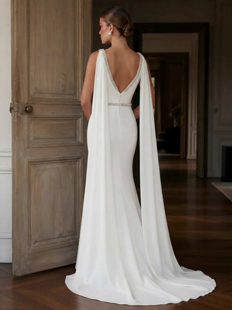 Satin Mermaid Cowl Neck Long Evening Dresses with Beaded