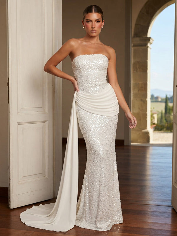 Sequin Mermaid Strapless Long Evening Dresses with Pleated