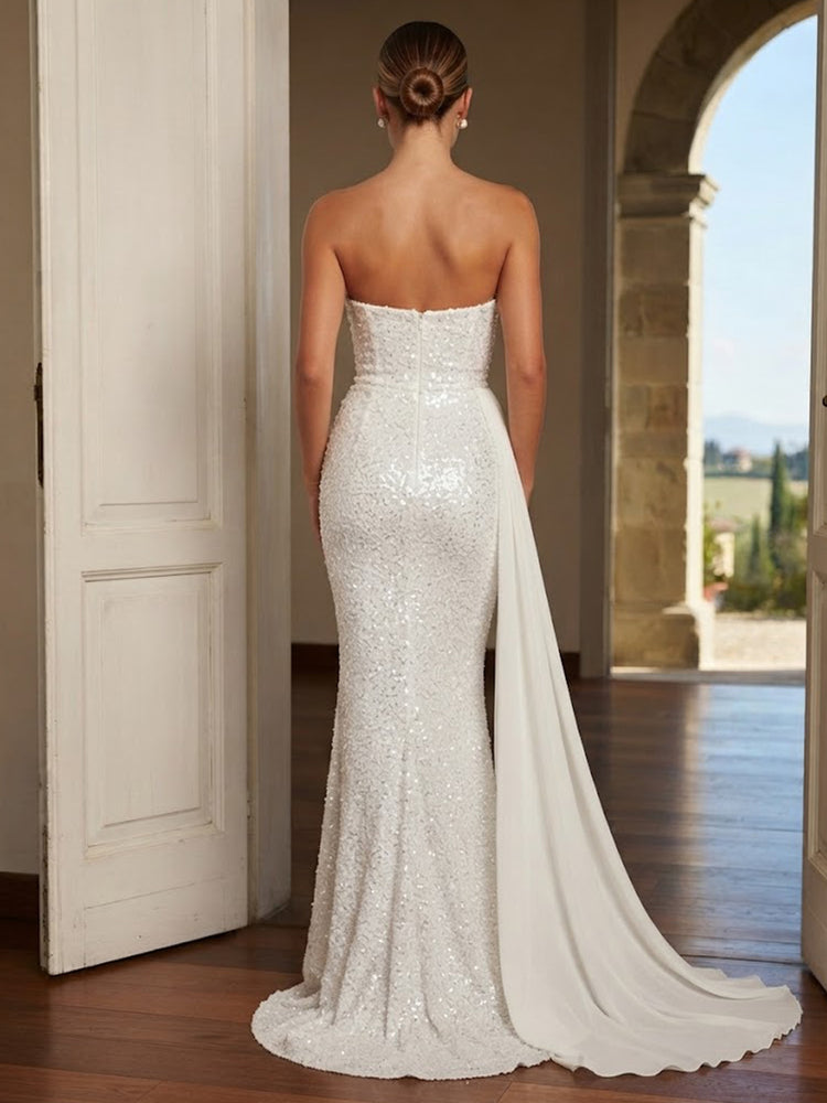 Sequin Mermaid Strapless Long Evening Dresses with Pleated