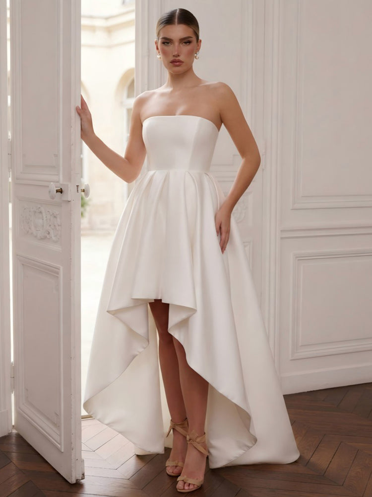 Satin A-Line Strapless Long Evening Dresses with Pleated