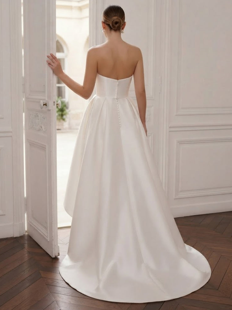 Satin A-Line Strapless Long Evening Dresses with Pleated
